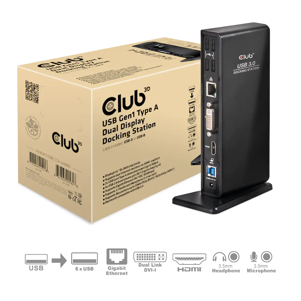 Club 3D USB 3.0 Dual Display Docking Station - Schwarz-Klavierlack Display Link zertifiziert CSV-3242HD