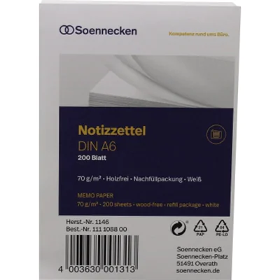 Soennecken Zettelboxeinlage 1146 DIN A6 blanko 200 Bl./Pack. Soennecken Zettelboxeinlage 1146 DIN A6 blanko 200 Bl./Pack.