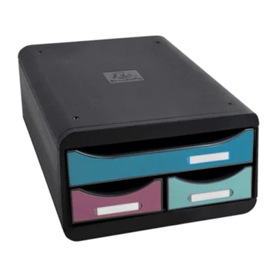 Exacompta Schubladenbox SMALL-BOX Mini 3 Schubladen DIN A4, Überbreite Polystyrol Gehäusefarbe: schwarz Farbe der Schublade: mehrfarbig Exacompta Schubladenbox SMALL-BOX Mini 3 Schubladen DIN A4, Überbreite Polystyrol Gehäusefarbe: schwarz Farbe der Schublade: mehrfarbig