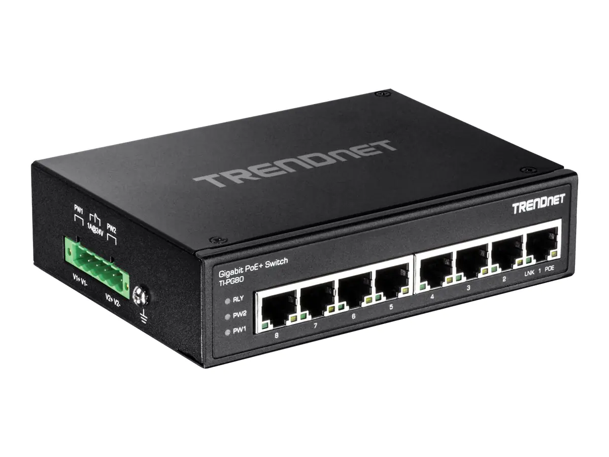 Trendnet TI-PG80 - Switch - unmanaged - 8 x 100/1000/10000 - an DIN-Schiene montierbar, wandmontierbar - PoE+ (200 W) - Gleichstrom - TAA-konform
