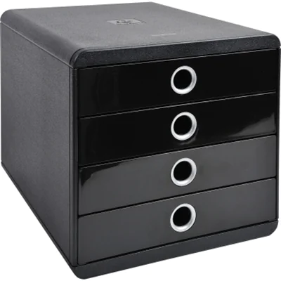 Exacompta Schubladenbox POP-BOX 4 Schubladen DIN A4, Überbreite Polystyrol Gehäusefarbe: schwarz Farbe der Schublade: schwarz glossy/silber Exacompta Schubladenbox POP-BOX 4 Schubladen DIN A4, Überbreite Polystyrol Gehäusefarbe: schwarz Farbe der Schublade: schwarz glossy/silber