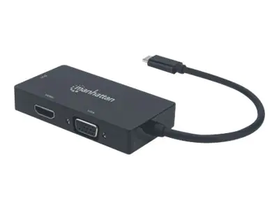 Manhattan USB-C Dock/Hub, Ports (x3): DVI-I, HDMI and VGA Ports, Note: Only One Port can be used at a time, External Power Supply Not Needed, Cable 10cm, Black, Three Year Warranty, Blister - Videoadapter - 24 pin USB-C männlich zu HD-15 (VGA), DVI-I