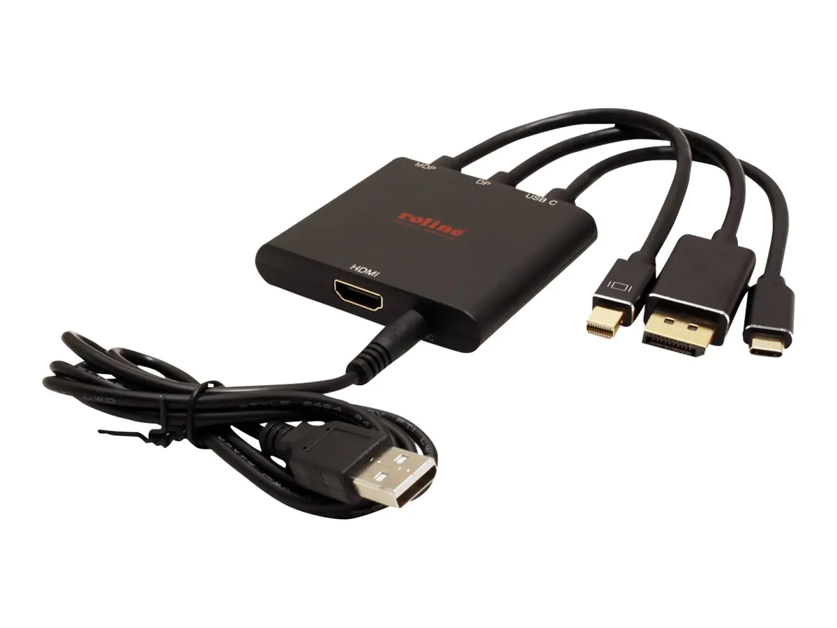 Roline - Videoadapter - DisplayPort, Mini DisplayPort, 24 pin USB-C männlich zu power DC jack, HDMI weiblich - 15 cm - Schwarz - 4K Unterstützung, aktiv