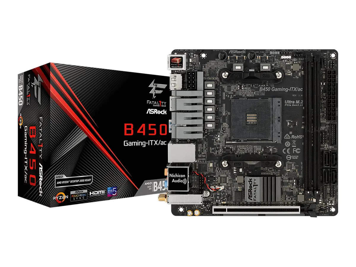 ASRock Fatal1ty B450 Gaming-ITX/ac - Motherboard - Mini-ITX - Socket AM4 - AMD B450 Chipsatz - USB 3.1 Gen 1, USB-C Gen2, USB 3.1 Gen 2 - Bluetooth, Gigabit LAN, Wi-Fi - Onboard-Grafik (CPU erforderlich) - HD Audio (8-Kanal)