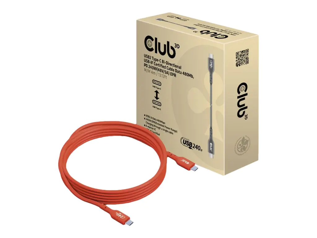 Club 3D - USB-Kabel - 24 pin USB-C (M) zu 24 pin USB-C (M) - USB 2.0 - 48 V - 5 A - 4 m - bi-direktional, unterstützt bis zu 240 W Spannungsversorgung, Baureihe mit erweitertem Leistungsbereich (EPR Club 3D - USB-Kabel - 24 pin USB-C (M) zu 24 pin USB-C (M) - USB 2.0 - 48 V - 5 A - 4 m - bi-direktional, unterstützt bis zu 240 W Spannungsversorgung, Baureihe mit erweitertem Leistungsbereich (EPR