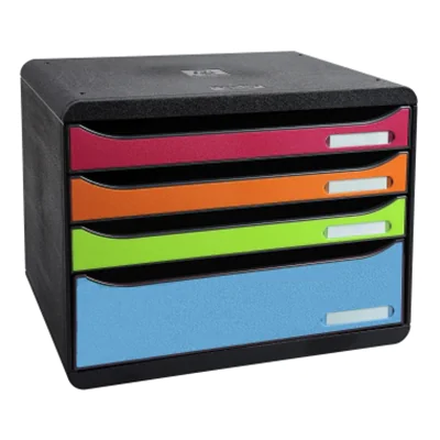 Exacompta Schubladenbox BIG-BOX plus quer 4 Schubladen DIN A4, Überbreite Polystyrol Gehäusefarbe: schwarz Farbe der Schublade: harlekin Exacompta Schubladenbox BIG-BOX plus quer 4 Schubladen DIN A4, Überbreite Polystyrol Gehäusefarbe: schwarz Farbe der Schublade: harlekin