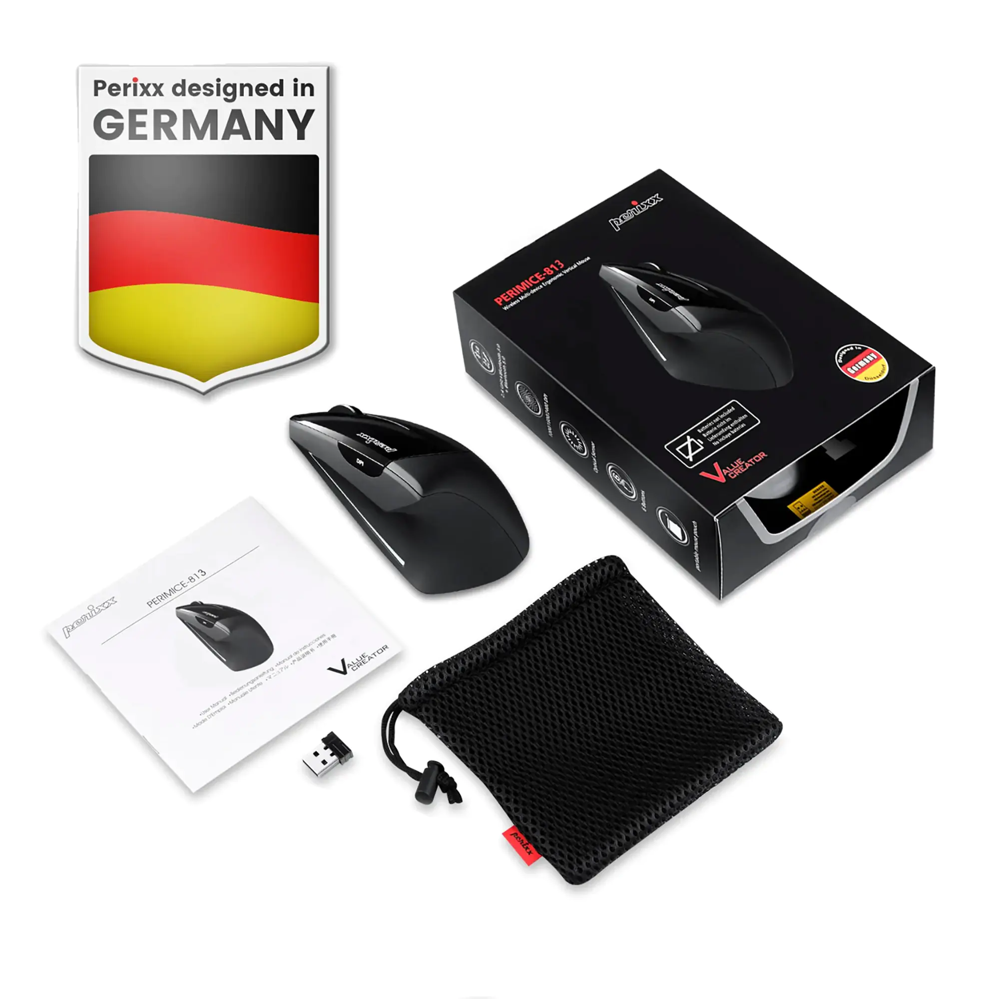 Perixx PERIMICE-813 ergonomische Multi-Device Maus schnurlos schwarz - Maus - Trackball