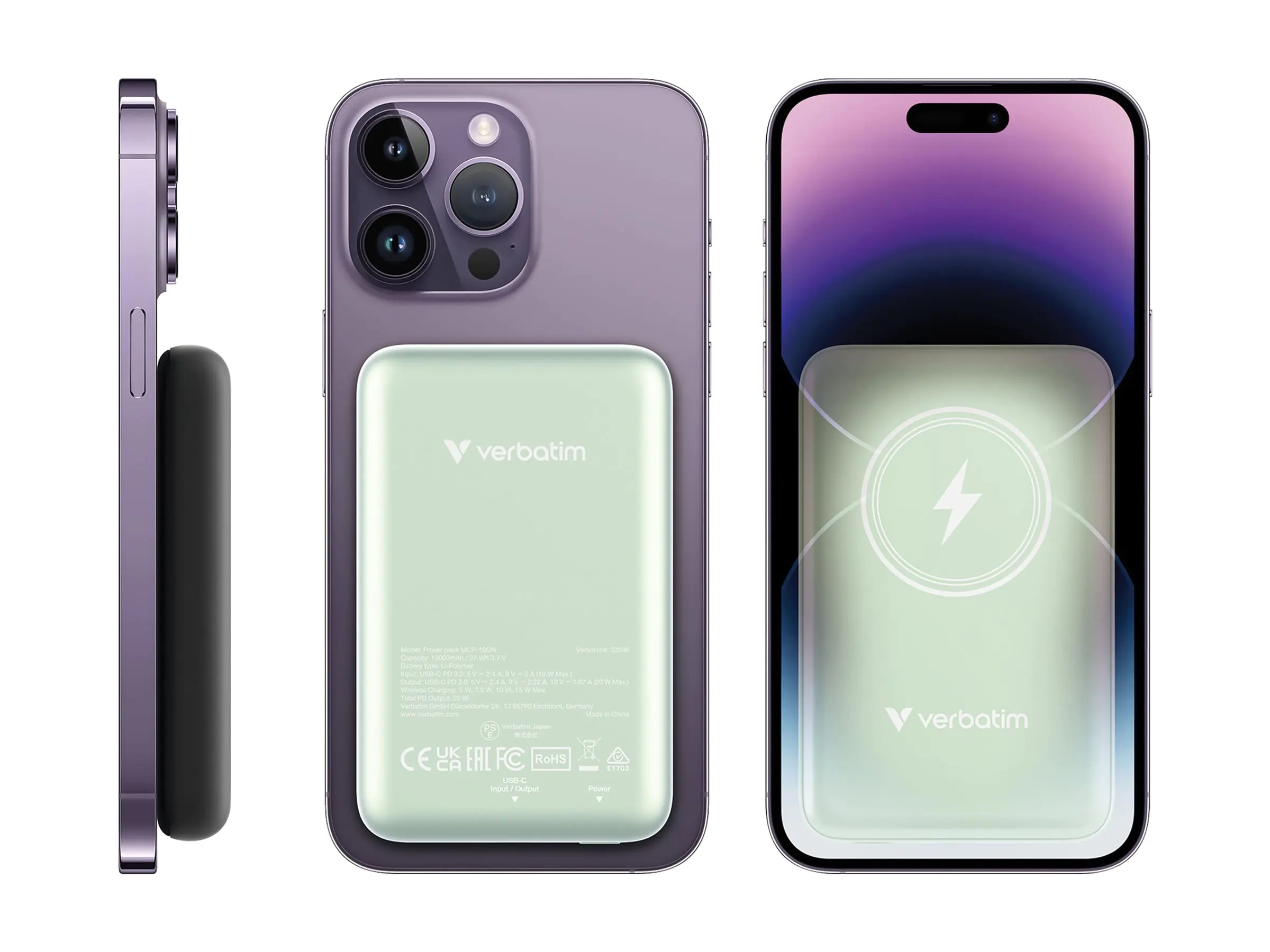 Verbatim Charge 'n' Go - Induktive Power Bank - magnetische Halterung - Li-Pol - 10000 mAh - 20 Watt - 2.4 A - Apple Fast Charge, PD 3.0, QC 3.0, Apple 2.4A, USB BC 1.2 (USB-C) 32246