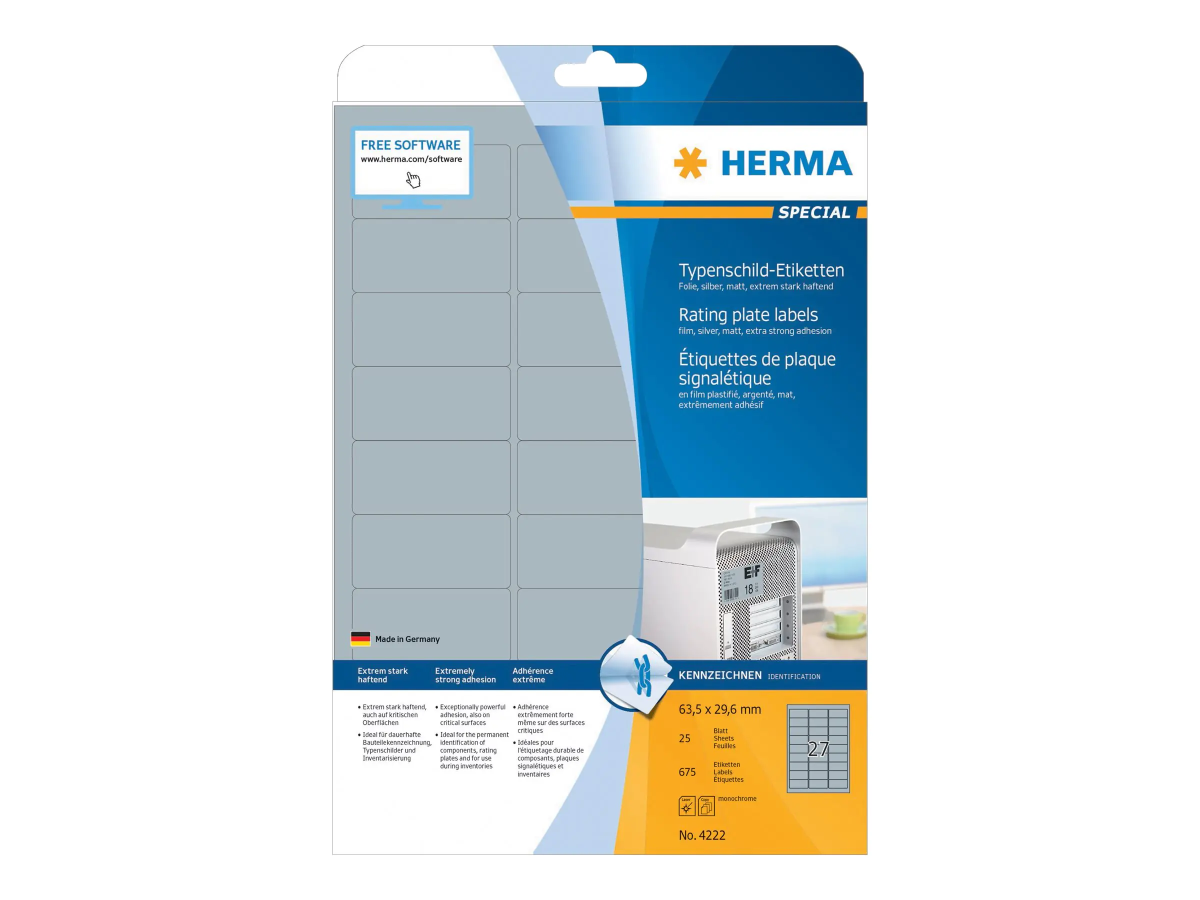 HERMA Typenschildetikett 4222 63,5x29,6 mm silber 675 St./Pack.
