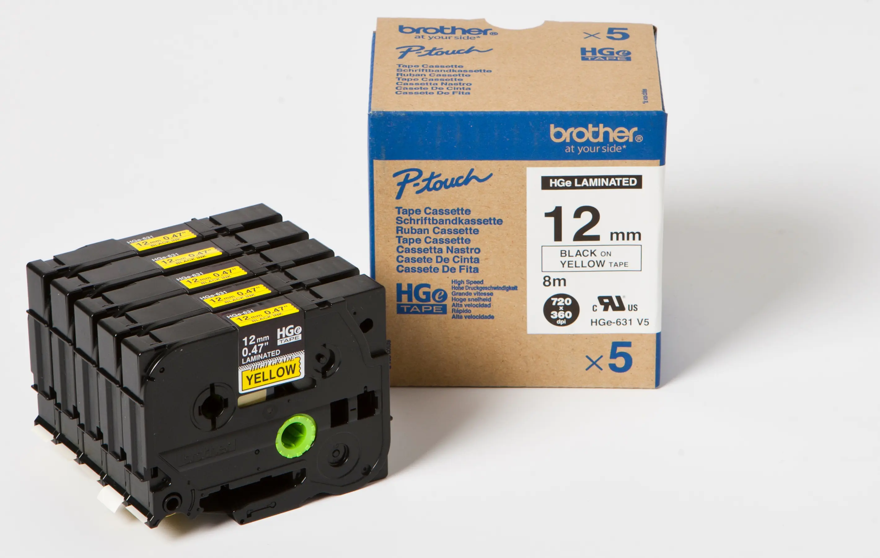Brother HGE-631V5 - Schwarz auf Gelb - Rolle (1,2 cm x 8 m) 5 Kassette(n) laminiertes Band - für P-Touch PT-9500pc, PT-9700PC, PT-9800PCN