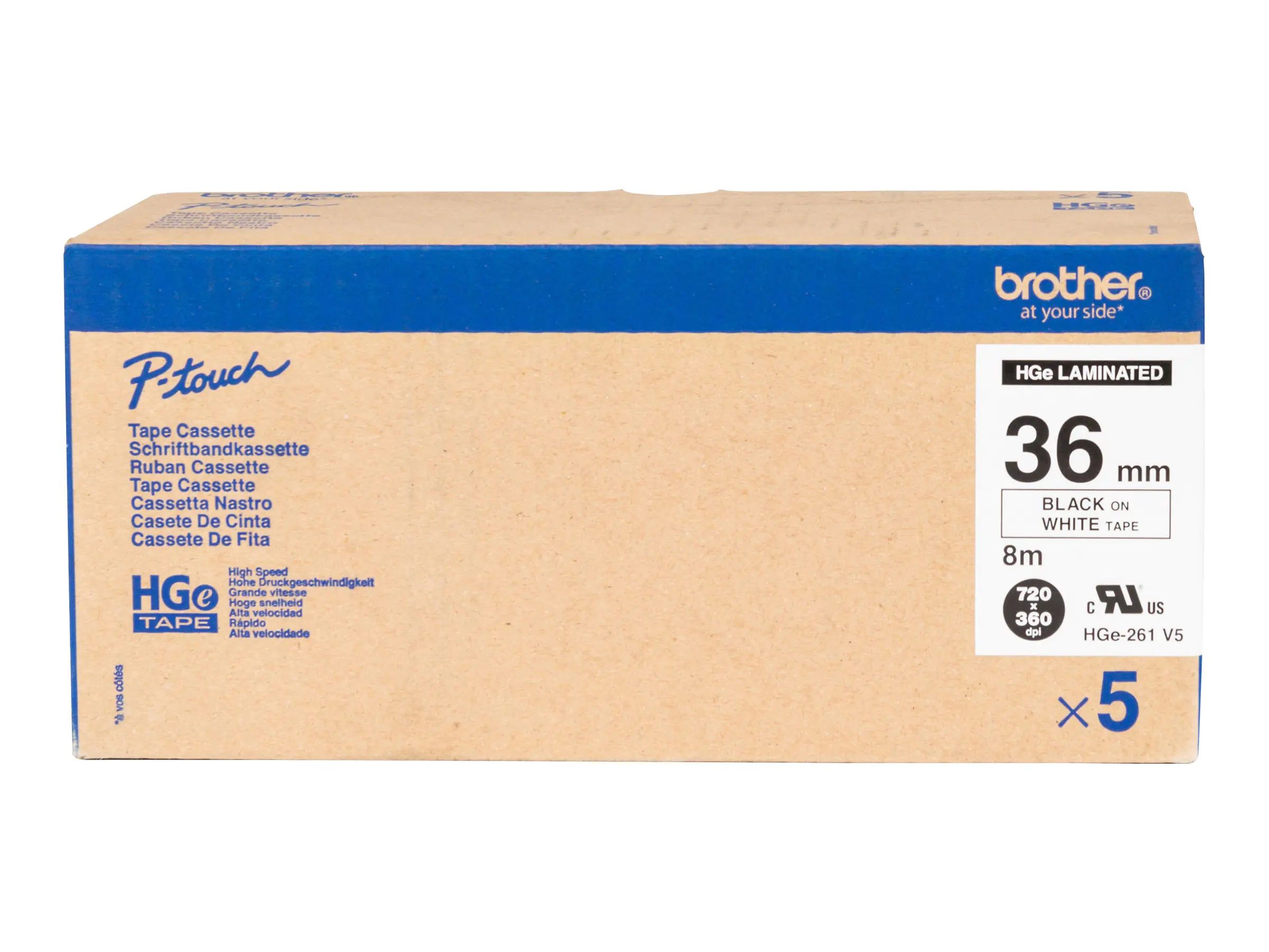 Brother HGE-261V5 - Schwarz auf Weiß - Rolle (3,6 cm x 8 m) 5 Kassette(n) laminiertes Band - für P-Touch PT-9500pc, PT-9700PC, PT-9800PCN; P-Touch R RL-700S