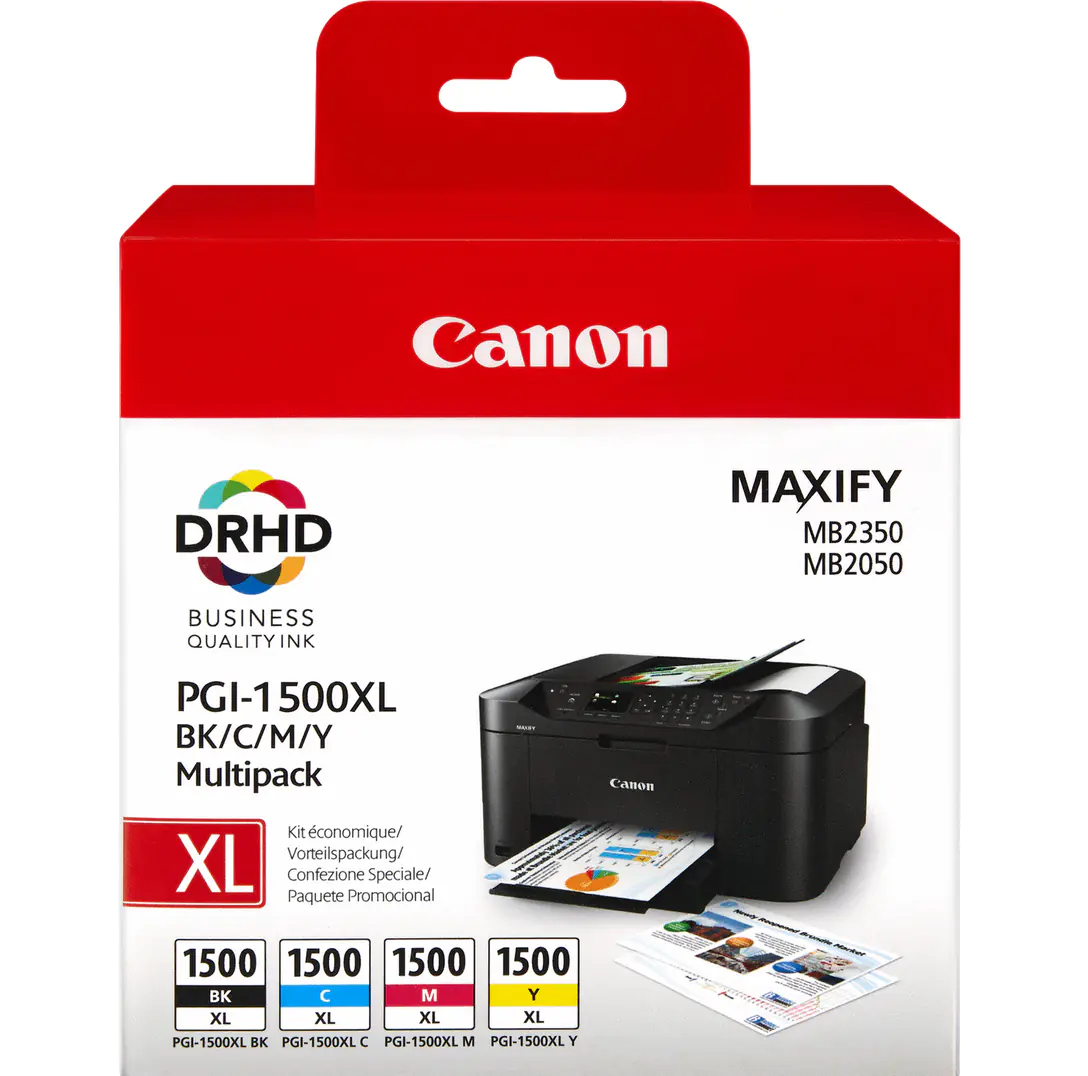 Canon PGI-1500XL C/M/Y/BK Multipack - Hohe Ergiebigkeit - Schwarz, Gelb, Cyan, Magenta - Original - Tintenbehälter - für MAXIFY MB2050, MB2150, MB2155, MB2350, MB2750, MB2755 Canon PGI-1500XL C/M/Y/BK Multipack - Hohe Ergiebigkeit - Schwarz, Gelb, Cyan, Magenta - Original - Tintenbehälter - für MAXIFY MB2050, MB2150, MB2155, MB2350, MB2750, MB2755