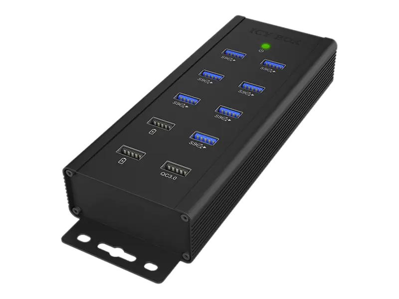 ICY BOX IB-HUB1703-QC3, 7 Port USB 3.2 Gen 1 mit 1x QC 3.0 Ladeanschluss + 2x BC 1.2 Ladeanschlüsse, Aluminium-Gehäuse, mit 12 V/5 A Netzteil, USB 3.2 Gen 1 (3.1 Gen 1) Type-B, USB 3.2 Gen 1 (3.1 Gen 1) Type-A, 5000 Mbit/s, Schwarz, Aluminium, 0,71 m