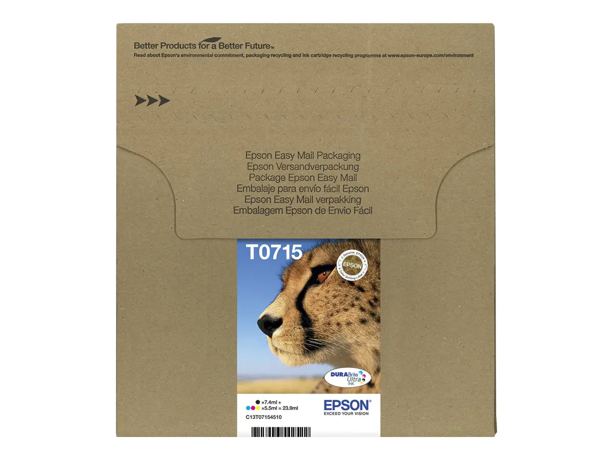 Epson T071 Easy Mail Packaging - 4er-Pack - 23.9 ml - Schwarz, Gelb, Cyan, Magenta - Original - Box - Tintenpatrone - für Stylus DX9400, SX115, SX210, SX215, SX218, SX415, SX515, SX610; Stylus Office BX310, BX610 Epson T071 Easy Mail Packaging - 4er-Pack - 23.9 ml - Schwarz, Gelb, Cyan, Magenta - Original - Box - Tintenpatrone - für Stylus DX9400, SX115, SX210, SX215, SX218, SX415, SX515, SX610; Stylus Office BX310, BX610