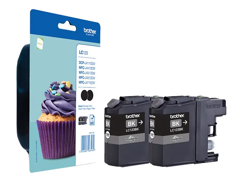 Brother LC123BK - 2er-Pack - Hohe Ergiebigkeit - Schwarz - Original - Blister mit akustischem/elektromagnetischem Alarm - Tintenpatrone - für Brother DCP-J100, J105, J132, J152, J552, J752, MFC-J245, J470, J650, J6520, J6720, J6920