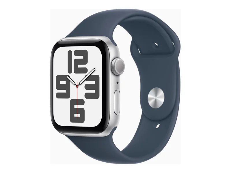 Apple Watch SE (GPS) - 44 mm - Aluminium, Silber - intelligente Uhr mit Sportband - Flouroelastomer - Storm Blue - Bandgröße: S/M - 32 GB - Wi-Fi, Bluetooth - 32.9 g