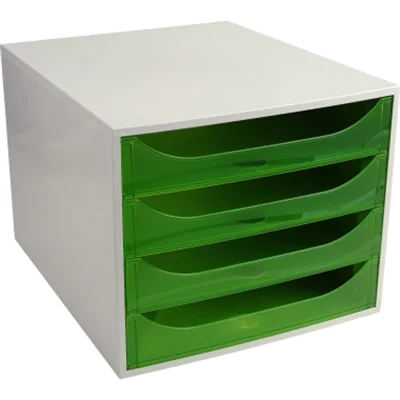 Exacompta Schubladenbox ECOBOX 4 Schubladen DIN A4, Überbreite Polystyrol Gehäusefarbe: grau Farbe der Schublade: apfelgrün transluzent Exacompta Schubladenbox ECOBOX 4 Schubladen DIN A4, Überbreite Polystyrol Gehäusefarbe: grau Farbe der Schublade: apfelgrün transluzent