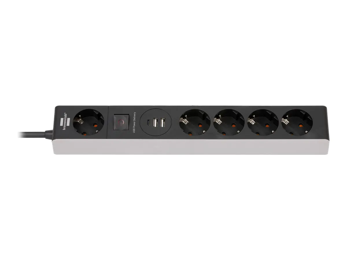 Brennenstuhl Premium-Line - Steckdosenleiste - mit USB-Spannungsversorgung - Ausgangsanschlüsse: 5 (2 x USB, 24 pin USB-C, 5 x Stromversorgung) - 1.5 m Schnur - Grau, Schwarz