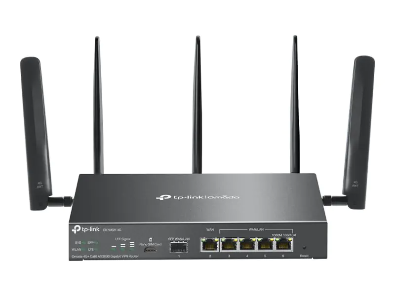 TP-Link Omada ER706W-4G V1 - Wireless Router - WWAN 5-Port-Switch - 1GbE - WAN-Ports: 6 - Wi-Fi 6 - Dual-Band - 4G - wandmontierbar TP-Link Omada ER706W-4G V1 - Wireless Router - WWAN 5-Port-Switch - 1GbE - WAN-Ports: 6 - Wi-Fi 6 - Dual-Band - 4G - wandmontierbar