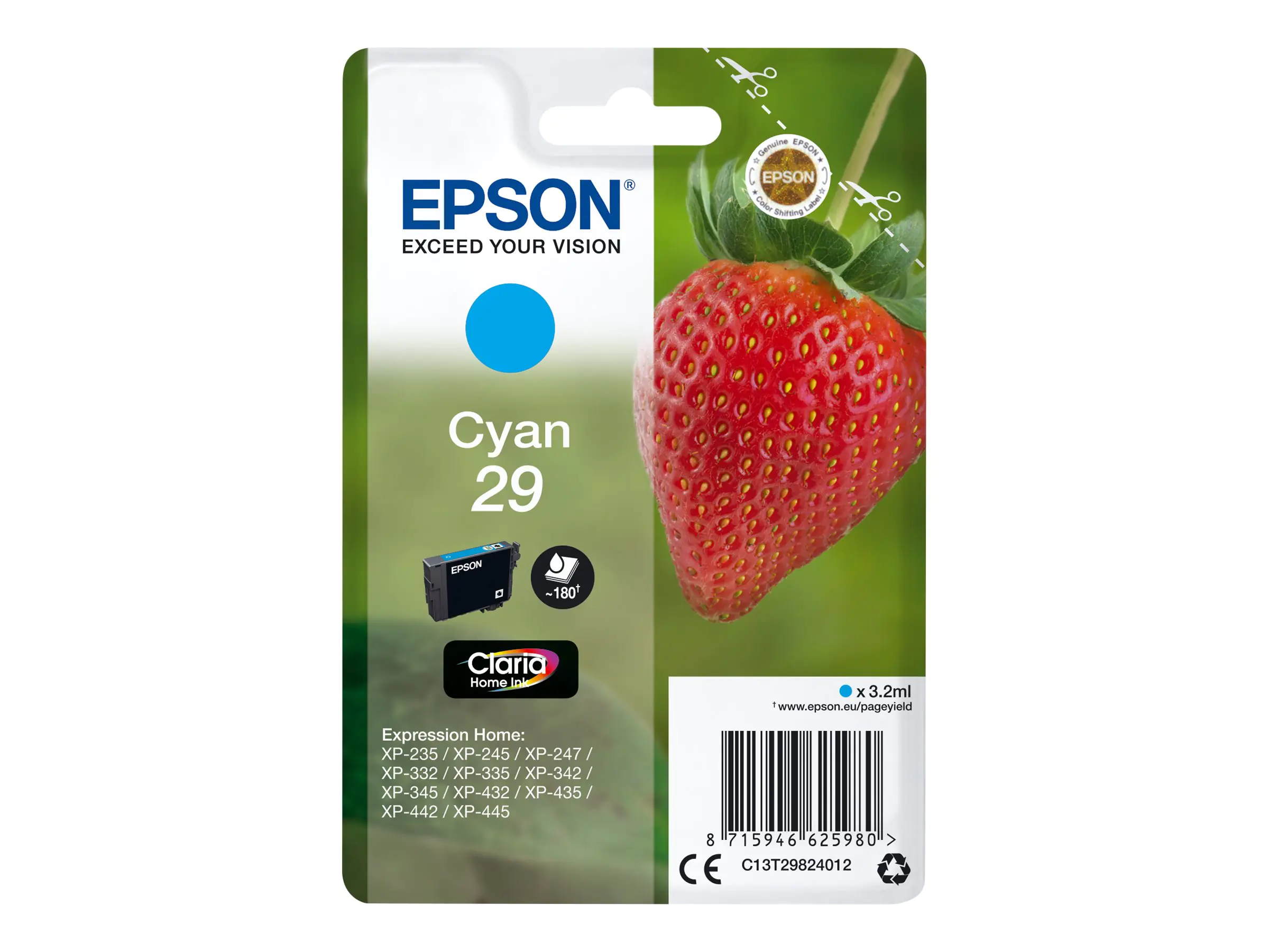 Epson 29XL - 6.4 ml - XL - Cyan - Original - Blisterverpackung - Tintenpatrone - für Expression Home XP-245, 247, 255, 257, 332, 342, 345, 352, 355, 435, 442, 445, 452, 455 Epson 29XL - 6.4 ml - XL - Cyan - Original - Blisterverpackung - Tintenpatrone - für Expression Home XP-245, 247, 255, 257, 332, 342, 345, 352, 355, 435, 442, 445, 452, 455