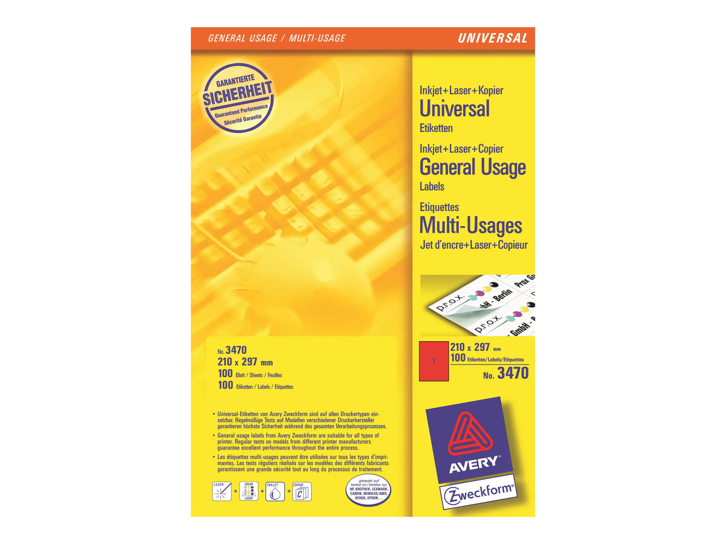 Avery Zweckform Universaletikett 3470 210x297mm rot 100 St./Pack.