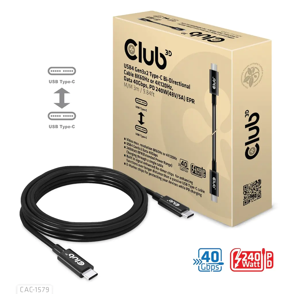 Club 3D USB4 Gen3x2 Type-C Bi-Direktionale Kabel 8K60Hz oder 4K120Hz, Data 40Gbps, PD 240W(48V/5A) EPR St/St 3m CAC-1579