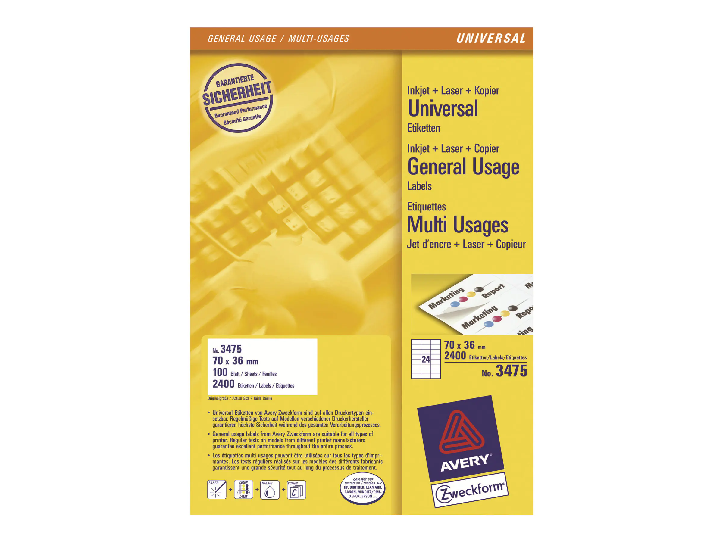 Avery Zweckform Universaletikett 3475 70x36mm weiß 2.400 St./Pack.