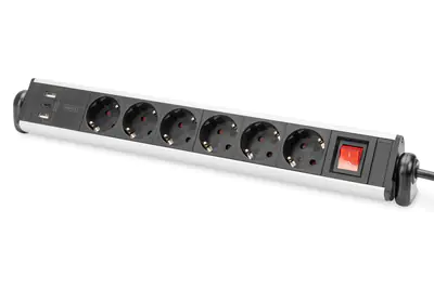Digitus - Steckdosenleiste - mit 3 USB-Ports - Wechselstrom 100-240 V - 3680 Watt - Eingabe, Eingang CEE 7/4 - Ausgangsanschlüsse: 6 (power CEE 7/3) - 1.5 m Schnur - Silber, Schwarz