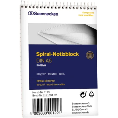 Soennecken Notizblock 1123 DIN A6 60g kariert 50Blatt weiß Soennecken Notizblock 1123 DIN A6 60g kariert 50Blatt weiß