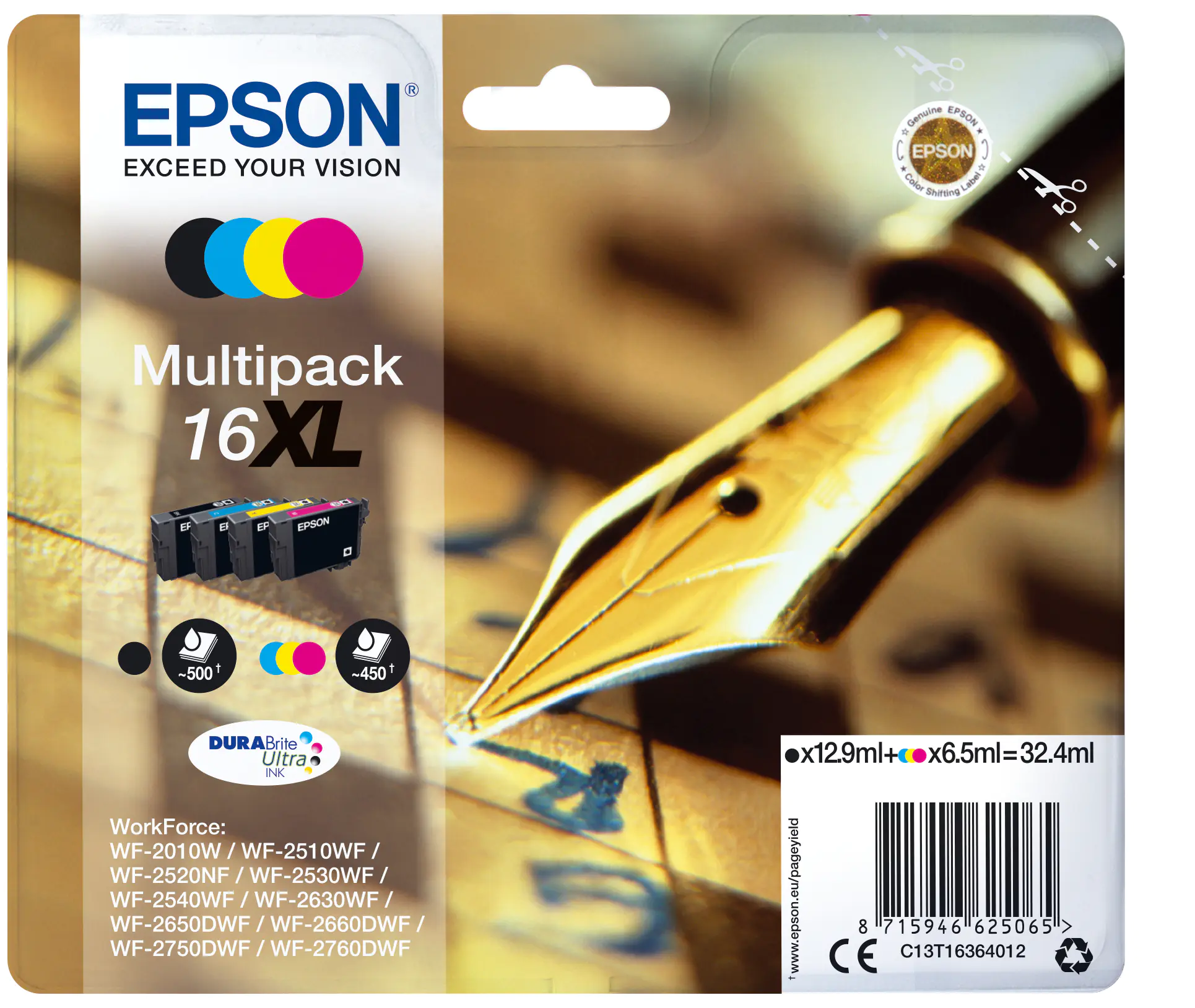 Epson 16XL Multipack - 4er-Pack - XL - Schwarz, Gelb, Cyan, Magenta - Original - Blisterverpackung - Tintenpatrone - für WorkForce WF-2010, 2510, 2520, 2530, 2540, 2630, 2650, 2660, 2750, 2760 Epson 16XL Multipack - 4er-Pack - XL - Schwarz, Gelb, Cyan, Magenta - Original - Blisterverpackung - Tintenpatrone - für WorkForce WF-2010, 2510, 2520, 2530, 2540, 2630, 2650, 2660, 2750, 2760