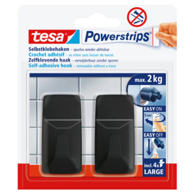 Tesa Powerstrips, Drinnen, Handtuchhaken, Schwarz, Polystyrol (PS), Klebestreifen, 2 kg 58279-00000-20