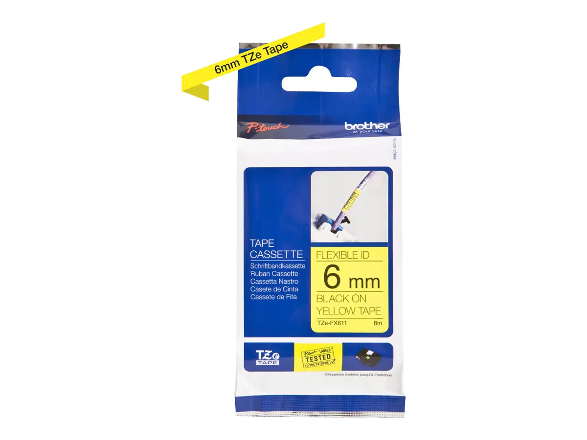 Brother TZe-FX611 - Schwarz auf Gelb - Rolle (0,6 cm x 8 m) 1 Kassette(n) Flexitape - für Brother PT-D210, D600, H110, H200; P-Touch PT-1005, E550, P900; P-Touch Cube Plus PT-P710