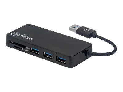 Manhattan USB-A 3-Port Hub with Card Reader, 3x USB-A ports, 5 Gbps (USB 3.2 Gen1 aka USB 3.0), SD, MicroSD, MMC and Memory Stick; Bus Power, SuperSpeed USB, Black, Three Year Warranty, Box - Hub - 3 x USB 3.2 Gen 1 - Desktop