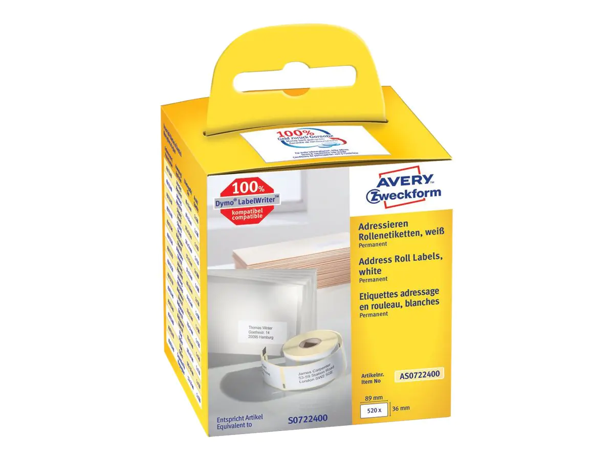 Avery Zweckform Papier - permanenter Klebstoff - weiß - 36 x 89 mm 520 Etikett(en) (2 Rolle(n) AS0722400