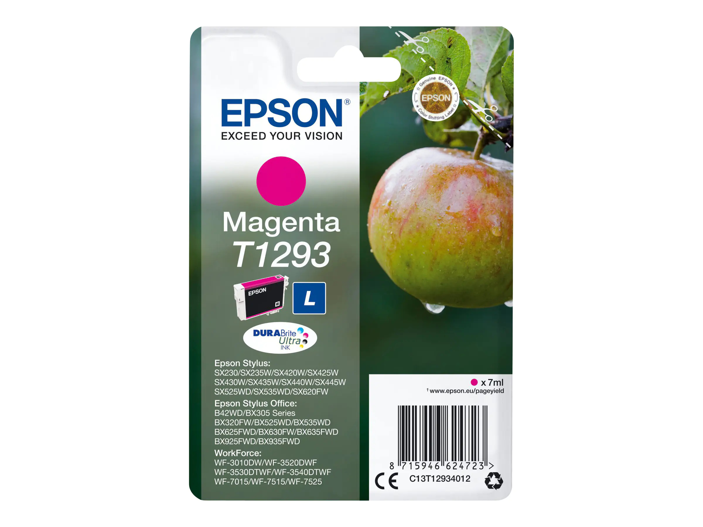 Epson T1293 - 7 ml - L-Größe - Magenta - Original - Blisterverpackung - Tintenpatrone - für Stylus SX230, SX235, SX430, SX438; WorkForce WF-3010, 3520, 3530, 3540, 7015, 7515, 7525 Epson T1293 - 7 ml - L-Größe - Magenta - Original - Blisterverpackung - Tintenpatrone - für Stylus SX230, SX235, SX430, SX438; WorkForce WF-3010, 3520, 3530, 3540, 7015, 7515, 7525