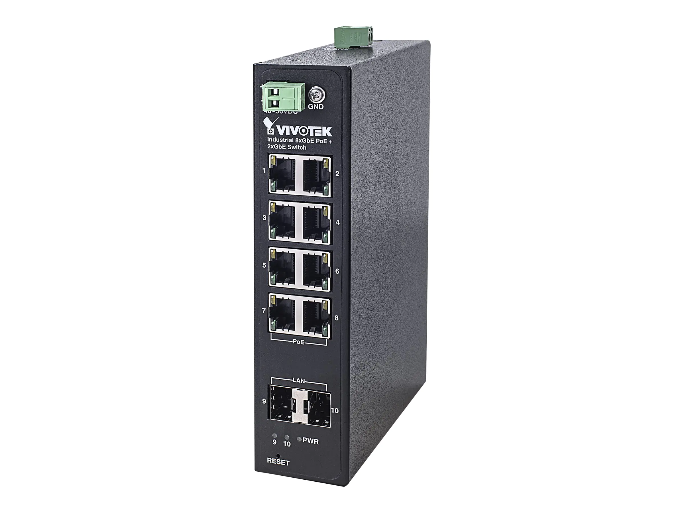 Vivotek AW-IHT-1000 - Switch - unmanaged - 8 x 10/100/1000 (PoE+) + 2 x Gigabit SFP - an DIN-Schiene montierbar - PoE+ (240 W) - Gleichstrom