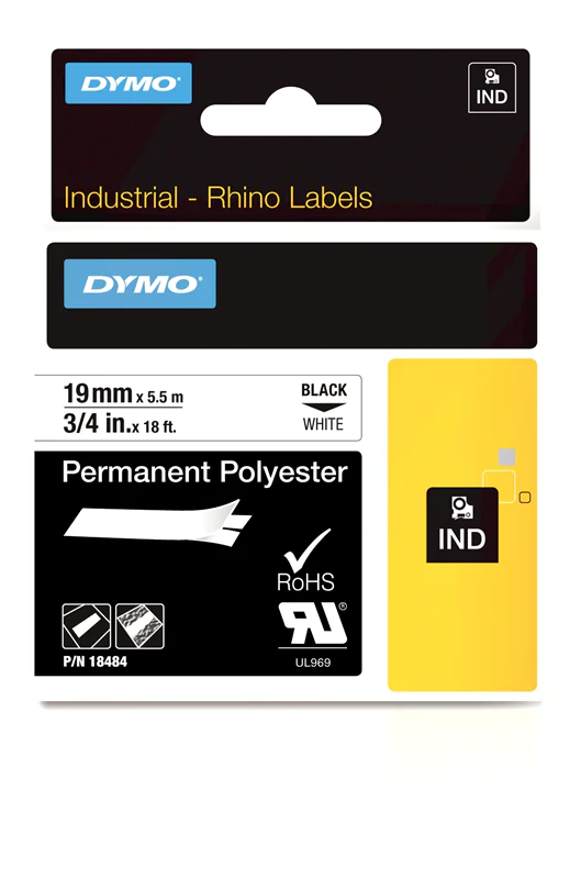 Dymo Rhino Industrie Permanente Polyesteretiketten | 19 mm x 5,5 m | Schwarz auf Weiß | selbstklebendes Schriftband | für Rhino und LabelManager Beschriftungsgerät, Schwarz auf weiss, Mehrfarbig, Polyester, -40 - 150 °C, UL 969, DYMO S0718220