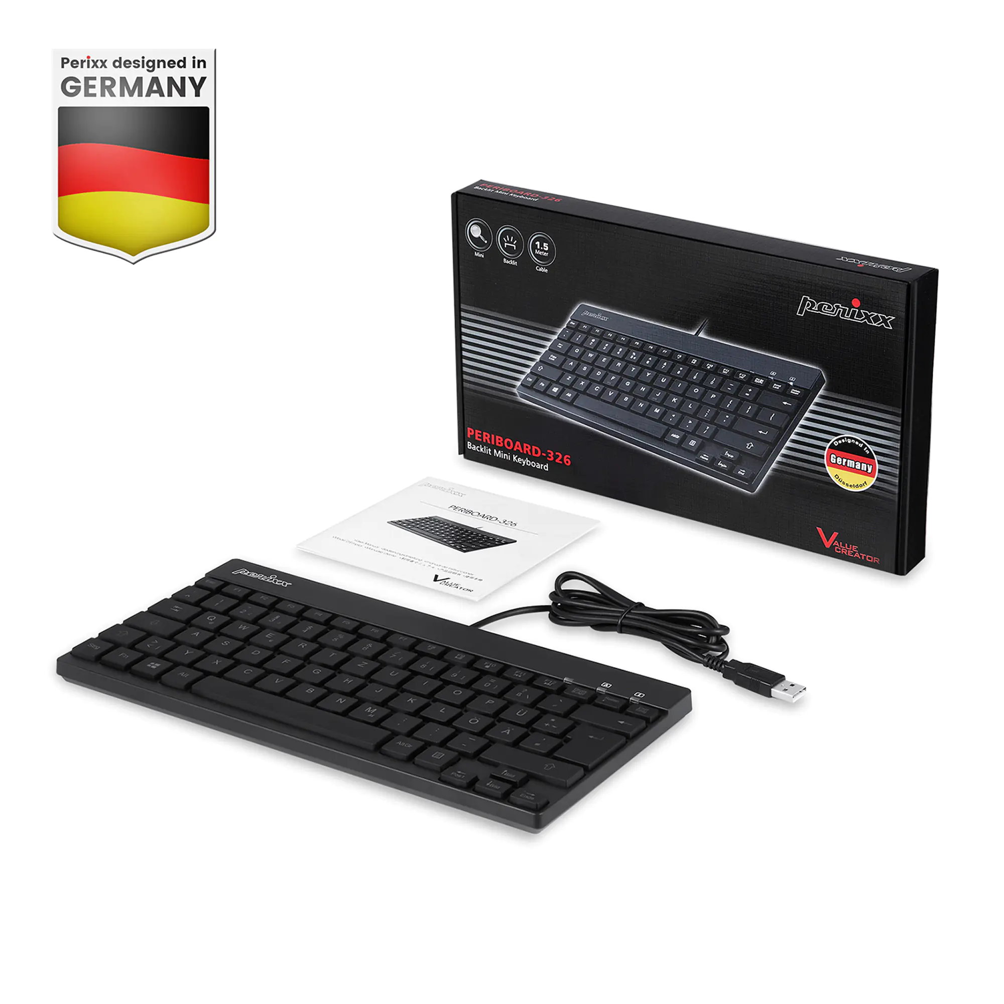Perixx 11607, Kabelgebunden, USB, Membran Key Switch, QWERTY, LED, Schwarz PERIBOARD-326