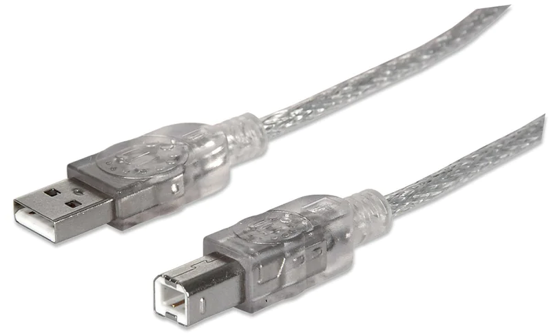 Manhattan USB-A to USB-B Cable, 5m, Male to Male, Translucent Silver, 480 Mbps (USB 2.0), Equivalent to Startech USB2HAB5M (except colour), Hi-Speed USB, Lifetime Warranty, Polybag - USB-Kabel - USB (M) zu USB Typ B (M) - USB 2.0 - 5 m - geformt - Tansluc