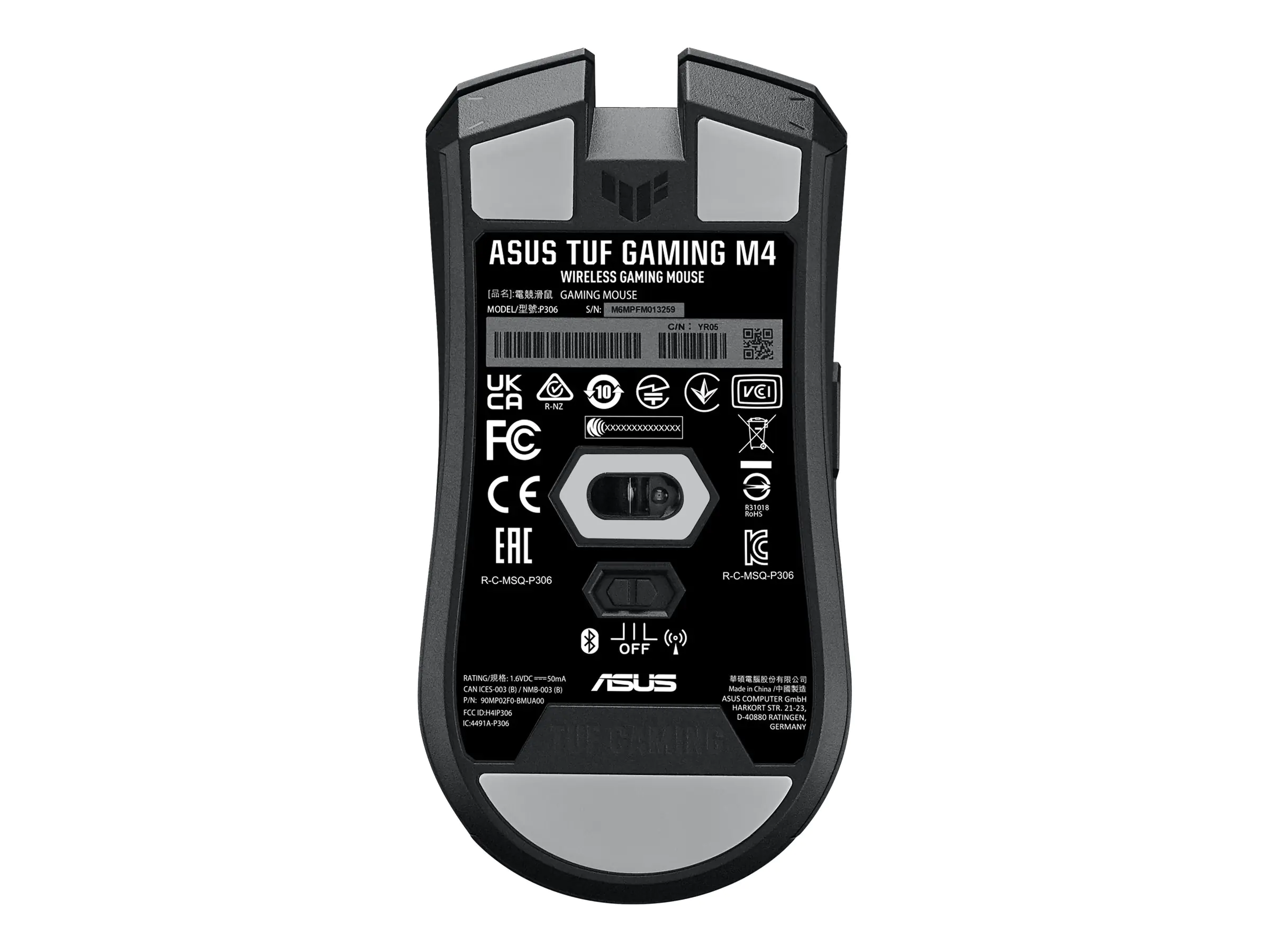 ASUS TUF Gaming M4 - Maus - rechts- und linkshändig - 6 Tasten - kabellos - Bluetooth 5.1, 2.4 GHz - kabelloser Empfänger (USB) 90MP02F0-BMUA00