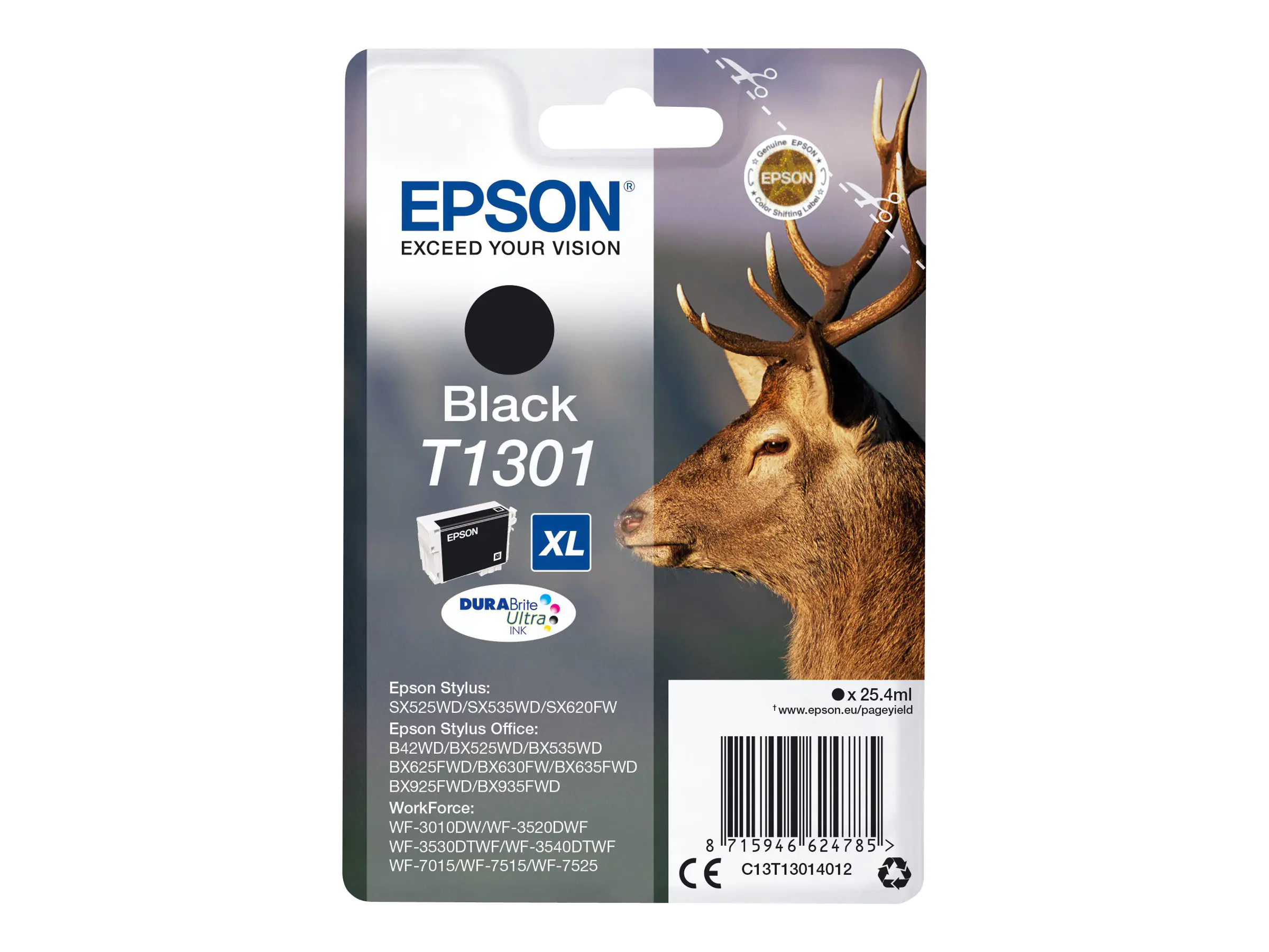 Epson T1301 - 25.4 ml - Größe XL - Schwarz - Original - Blisterverpackung - Tintenpatrone - für Stylus Office BX630, BX635, BX935; WorkForce WF-3010, 3520, 3530, 3540, 7015, 7515, 7525 Epson T1301 - 25.4 ml - Größe XL - Schwarz - Original - Blisterverpackung - Tintenpatrone - für Stylus Office BX630, BX635, BX935; WorkForce WF-3010, 3520, 3530, 3540, 7015, 7515, 7525