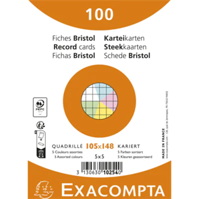 Exacompta Karteikarte DIN A6 kariert je 20 x blau, gelb, grün, rosa, weiß 100 St./Pack.
