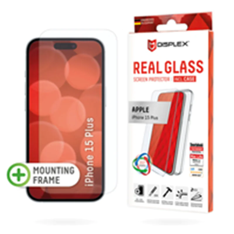 DISPLEX Panzerglas + Schutzhülle für Apple iPhone 15 Plus, Eco-Montagerahmen, kratzer-resistent, Apple, iPhone 15 Plus, Trockene Anwendung, Schlagfest, Kratzresistent, Staubresistent, Transparent, 1 Stück(e) 01848