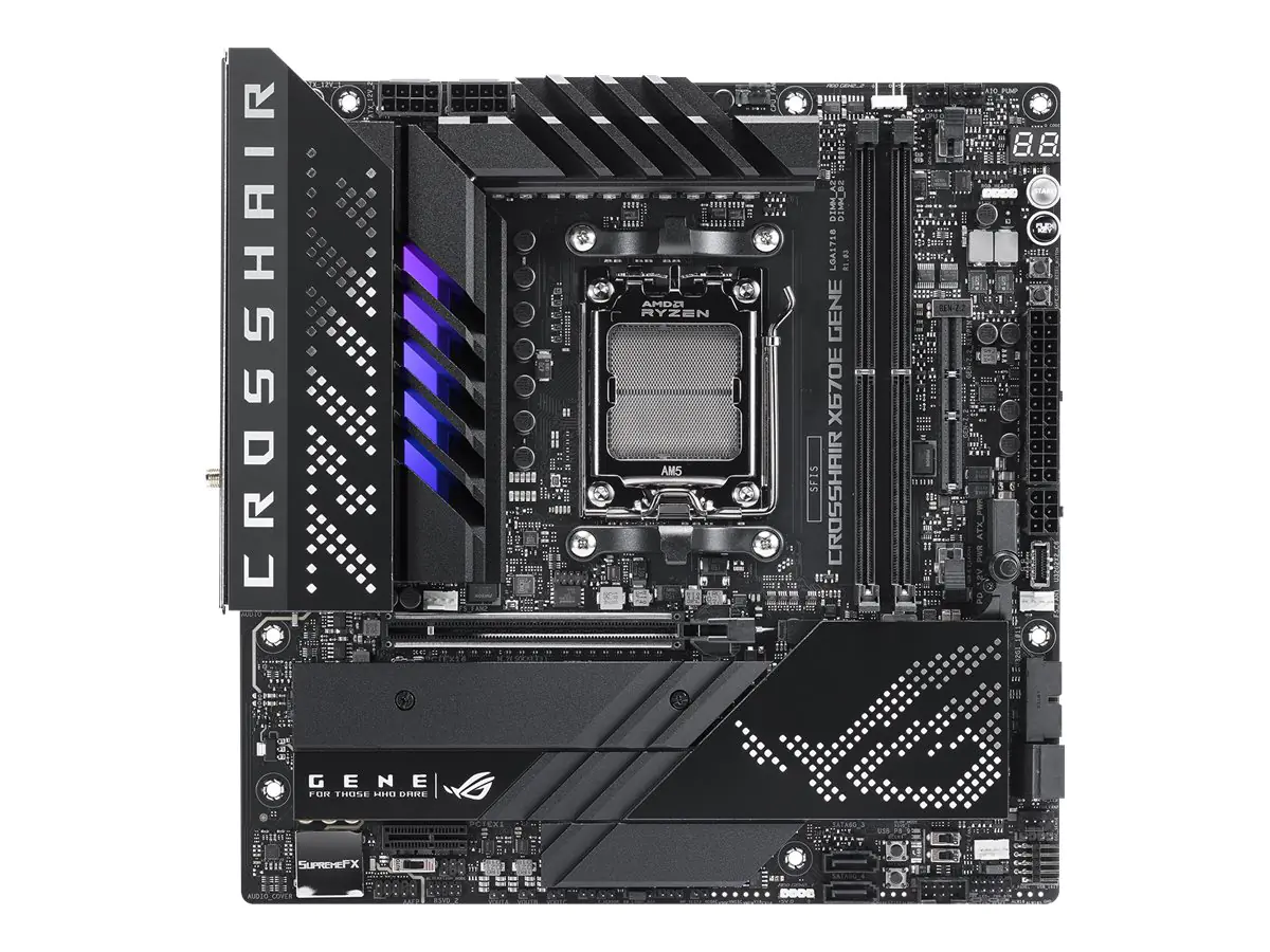 ASUS ROG Crosshair X670E Gene - Motherboard - micro ATX - Socket AM5 - AMD X670E Chipsatz - USB 3.2 Gen 2, USB4, USB-C 3.2 Gen2, USB-C 3.2 Gen 2x2 - 2.5 Gigabit LAN, Bluetooth, Wi-Fi - Onboard-Grafik (CPU erforderlich) - HD Audio (8-Kanal)