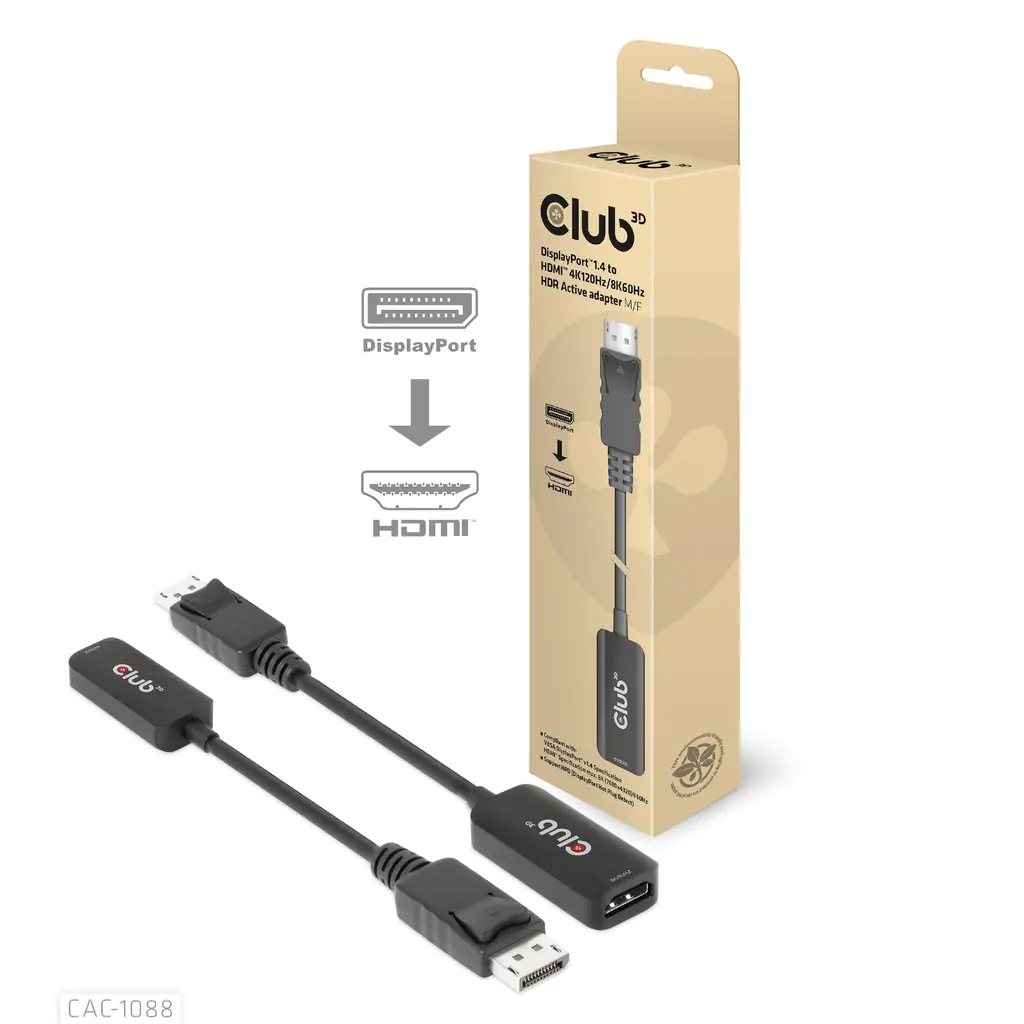 Club 3D DisplayPort1.4 auf HDMI 4K120Hz/8K60Hz HDR-Aktiv-Adapter St./B CAC-1088