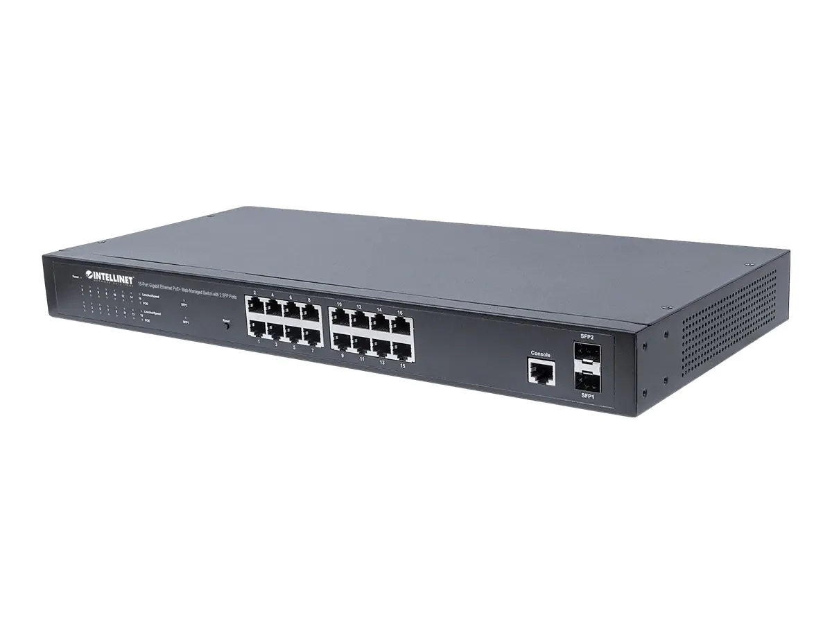 Intellinet 16-Port Gigabit Ethernet PoE+ Web-Managed Switch with 2 SFP Ports, IEEE 802.3at/af Power over Ethernet (PoE+/PoE) Compliant, 374 W, Endspan, 19" Rackmount - Switch - managed - 16 x 10/100/1000 (PoE+) + 2 x Gigabit SFP - Desktop, an Rack montier Intellinet 16-Port Gigabit Ethernet PoE+ Web-Managed Switch with 2 SFP Ports, IEEE 802.3at/af Power over Ethernet (PoE+/PoE) Compliant, 374 W, Endspan, 19" Rackmount - Switch - managed - 16 x 10/100/1000 (PoE+) + 2 x Gigabit SFP - Desktop, an Rack montier