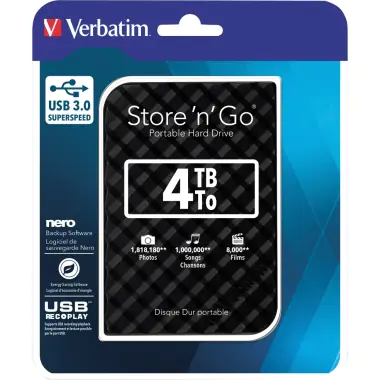 Verbatim Store 'n' Go - Festplatte - 4 TB - extern (tragbar) - USB 3.0 - 5400 rpm - Puffer: 8 MB - Schwarz Verbatim Store 'n' Go - Festplatte - 4 TB - extern (tragbar) - USB 3.0 - 5400 rpm - Puffer: 8 MB - Schwarz