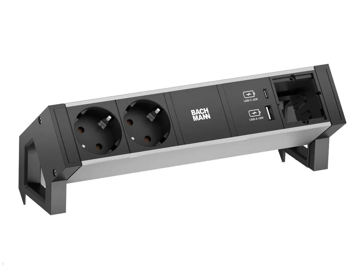 Bachmann DESK 2, Tischanschlussfeld 2x Steckdose, USB-A/C-Charger, alu/schwarz Bachmann DESK 2, Tischanschlussfeld 2x Steckdose, USB-A/C-Charger, alu/schwarz