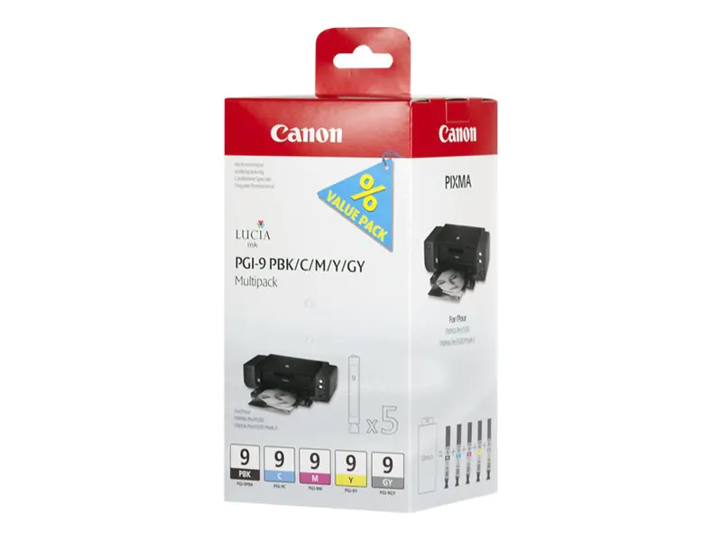 Canon PGI-9 PBK/C/M/Y/GY Multi-Pack - 5er-Pack - Grau, Gelb, Cyan, Magenta, Photo schwarz - Original - Tintenbehälter - für PIXMA iX7000, MX7600, Pro9500, Pro9500 Mark II Canon PGI-9 PBK/C/M/Y/GY Multi-Pack - 5er-Pack - Grau, Gelb, Cyan, Magenta, Photo schwarz - Original - Tintenbehälter - für PIXMA iX7000, MX7600, Pro9500, Pro9500 Mark II