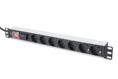 Digitus DN-95407 - Steckdosenleiste (Rack - einbaufähig) - Wechselstrom 250 V - Eingabe, Eingang Stromversorgung - Ausgangsanschlüsse: 7 - 1U - 48.3 cm (19") - 2 m Schnur - Grau